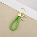 Handmade bright green braided leather rope keychain with gold ring and lobster clasp - Generation 1 Round Dragon Woven Buckle (Light Gold) / Light Green