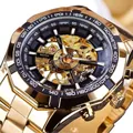 Forsining skeleton automatic mechanical watch in luxury gold finish with steel strap - Gold Case Black Dial