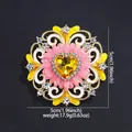 Elegant vintage heart-shaped yellow gemstone brooch with pink enamel petals and gold finish - Golden Yellow Glass Sunflower