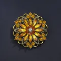 Elegant vintage amber glass flower brooch with golden metal base for women's costume - Deep Coffee & Golden with AB White & Golden Acrylic Radial Flower
