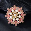 Vintage floral brooch with faux pearls and pink crystals in elegant gold-tone finish - Deep & Light Pink with AB White & Beige Artificial Pearl