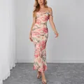 Elegant floral print ruched mesh off-shoulder bodycon maxi dress with pink roses - Yellow Base With Pink Flowers