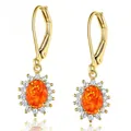 Elegant gold-tone halo drop earrings with oval orange opal and cubic zirconia crystals - Gold - Orange Opal