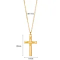Detailed view of a gold-plated stainless steel cross necklace with measurement data. - Starburst Relief Cross (G125480)