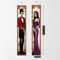 Mexican Day of the Dead porch banners featuring skeleton groom and bride illustrations - Red Suit Man and Purple Dress Lady (30)