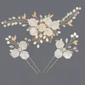 Handmade bridal hair set with white acrylic flowers, pearls and gold leaf accents - Gold Bridesmaid Hair Accessory Set Hs-j7379g