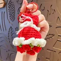 Handmade red crochet dress keychain with white ruffles and delicate rose floral details - Red Rose