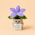 Cute handmade crochet purple flower potted plant doll holding an inspirational thank you card - Lily Purple