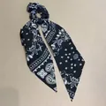 Black paisley print hair scrunchie with long scarf ribbon for bohemian style hair styling. - Scarf Scrunchie Style / Black