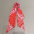 Bohemian style red paisley bandana pattern scrunchie hair tie with long ribbon tails - Scarf Scrunchie Style / Red