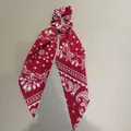 Retro red paisley print scrunchie with long bow tail for bohemian style hair accessories - Scarf Scrunchie Style / Burgundy