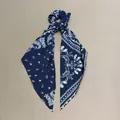 Retro bohemian navy blue hair scrunchie with white paisley print and long scarf tails. - Scarf Scrunchie Style / Navy Blue