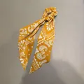 Vintage bohemian yellow paisley print hair scrunchie with a long ribbon bow tail - Scarf Scrunchie Style / Yellow