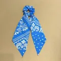 Blue paisley print hair scrunchie with long ribbon tail bohemian hair accessory - Scarf Scrunchie Style / Blue