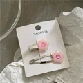 Korean style pink resin flower hair clip set with sparkling rhinestones on card - Pink Flower Hair Clip Set (J300-B151) / Pink