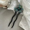 Korean style cyan tortoiseshell acetate flower U-shaped hair fork for elegant hairstyling - Marble Pattern Hair Fork (J49-B1) / Cyan Blue Series