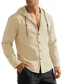 Casual men's long sleeve hooded shirt in beige with linen texture and button closure - Khaki
