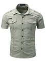 Detail view of men's short-sleeve cargo shirt with epaulets and dual chest pockets - S / Apricot