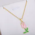 Elegant gold plated chain necklace with a delicate pink enamel tulip flower pendant - Pink Enamel Tulip Necklace #2 (xl2)