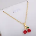 Elegant gold finish necklace featuring a vibrant red cherry pendant fruit jewelry - Enamel Red Cherry Necklace #2 (xl2)