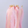 Elegant pink ribbon wands with white lace and golden heart bells for wedding party decoration - Pink