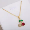 Fashionable gold cherry pendant necklace with red and crystal zircon stones. - Red And White Rhinestone Cherry Necklace #4 (xl2)