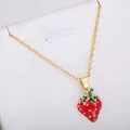 Gold-plated chain necklace with vibrant red strawberry enamel pendant and green leaf accents - Enamel Red Strawberry Necklace (xl2)