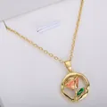 Elegant gold rose flower pendant necklace with pink enamel and green leaf detail - Hollow Rose Flower Necklace (xl2)