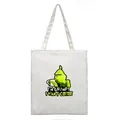 White canvas tote bag featuring Grinch illustration and I'm Grumpy I Want Coffee text print - Vertical White (figure 1)