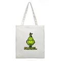 White canvas tote bag featuring a Grinch Christmas character print and EW PEOPLE text décor - Vertical White (figure 4)
