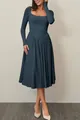 Elegant long sleeve square neck pleated midi dress in slate blue for autumn - S / Top And Bottom / Blue