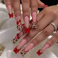 Luxuriöse lange Leopard-Französisch-Aufklebenägel mit 3D-roten Schleifen und Kirschdekor - Leoparden Quadratischer 3D Schleifen Stil (M-B306) / 24 Stück/Set