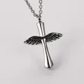 Openable cremation urn necklace features a stainless steel cross with vintage angel wings. - Retro Oxidized Black / Pendant Only