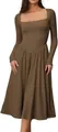 Elegant dark brown long sleeve midi dress with square neck and pleated skirt detail - S / Top And Bottom / Brown
