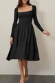 Detailed view of elegant black long sleeve square neck pleated midi dress for women - S / Top And Bottom / Black