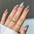 Uñas postizas de almendra elegantes con diseño de ojo de gato iridiscente y anillo - Estilo Galvanizado Ojo de Gato Fantasma (M-B316) / 24 Piezas/Juego