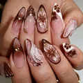 3D-Blumen-Mandel-Nägel zum Aufdrücken mit braunen French-Tips und Gold - Braunes Katzenauge 3D Floraler Stil (M-B310) / 24 Stück/Set