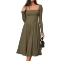 Elegant olive green long sleeve pleated midi dress with square neck for women autumn - S / Top And Bottom / Army Green