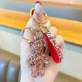Sparkling pink rhinestone bear keychain with red glitter strap for luxury bag charm - Mixed Pink