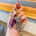 Bling rhinestone teddy bear keychain with purple strap and gold ring for bag charm - Mixed Purple