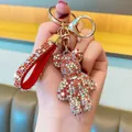 Sparkling red rhinestone bear keychain with gold lobster clasp and red hand strap - Mixed Red
