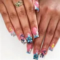 Handbemalte 3D-Blumen-Aufklebenägel mit Muschel-Anhängern und eleganten French Tips - Ozean-Stil 3D Floraler Stil (M-B313) / 24 Stück/Set