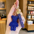 Glamorous sparkling blue rhinestone bear keychain charm with matching strap for bags - Dark Blue