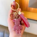 Creative sparkling pink rhinestone teddy bear keychain for car keys and lady bag pendant - Hot Pink