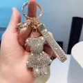 Sparkling rhinestone-studded bear keychain for bags and cars with silver crystal charm - AB Color