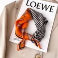 Elegant mulberry silk square scarf featuring horse print and orange black zigzag pattern design - 17307 - Main Image / 53*53cm
