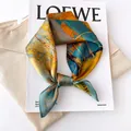 Mulberry silk square scarf with abstract oil painting pattern in gold and blue tones - 17214 - Main Image / 53*53cm