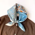 Elegant mulberry silk square scarf with blue and orange sunflower floral print - 17317 - Main Image / 53*53cm