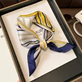 Elegant striped mulberry silk square scarf in navy and sunflower yellow vintage style - 17208-navy Blue / 53*53cm