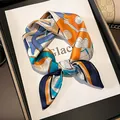 Elegant mulberry silk square scarf featuring vibrant orange and blue geometric retro patterns - 17113-blue / 53*53cm